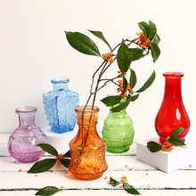 跨境透明玻璃花瓶套装现货法式浮雕彩色复古插花瓶装饰摆件工艺品