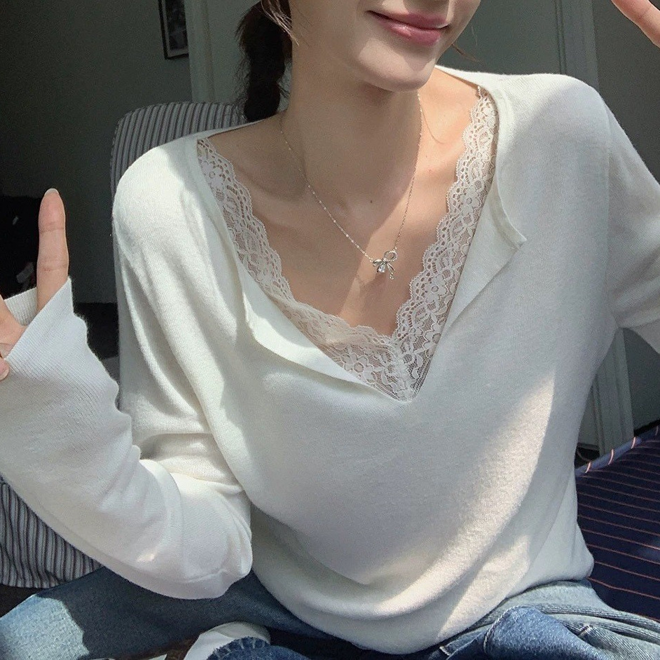 Acetate Cashmere + Sheep Wool Lace Patchwork Pure Desire V-Neck Long-Sleeved Knitwear for Women