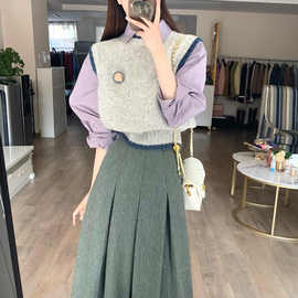 时尚韩系套装女2025秋季新款甜美气质叠穿衬衫马甲搭半身裙三件套