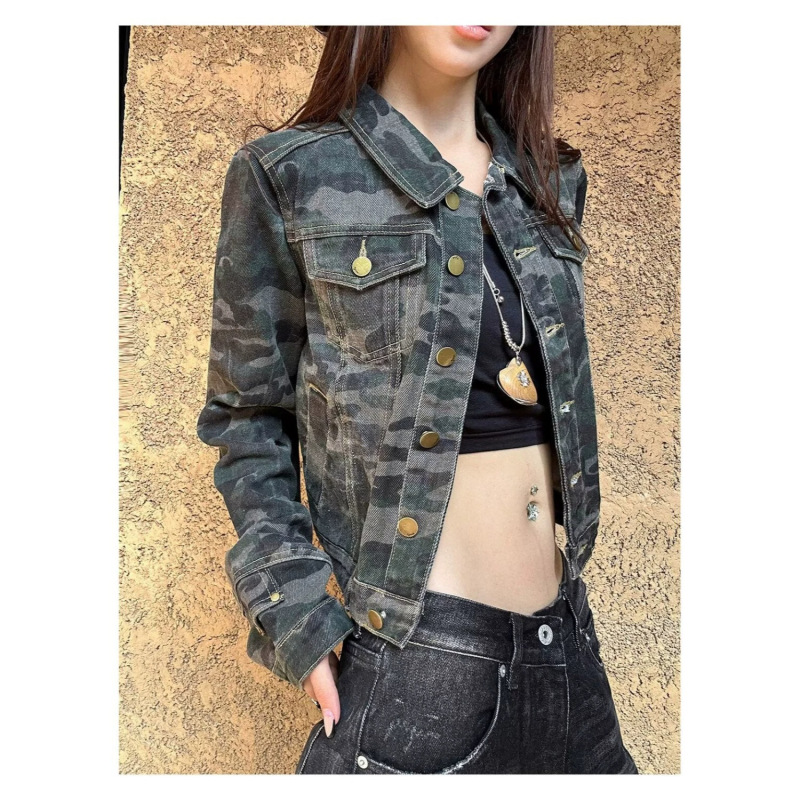 Cross-border American-style camouflage ripped frayed edge work jacket for women, short jacket with a turn-down collar, casual and cool style coat