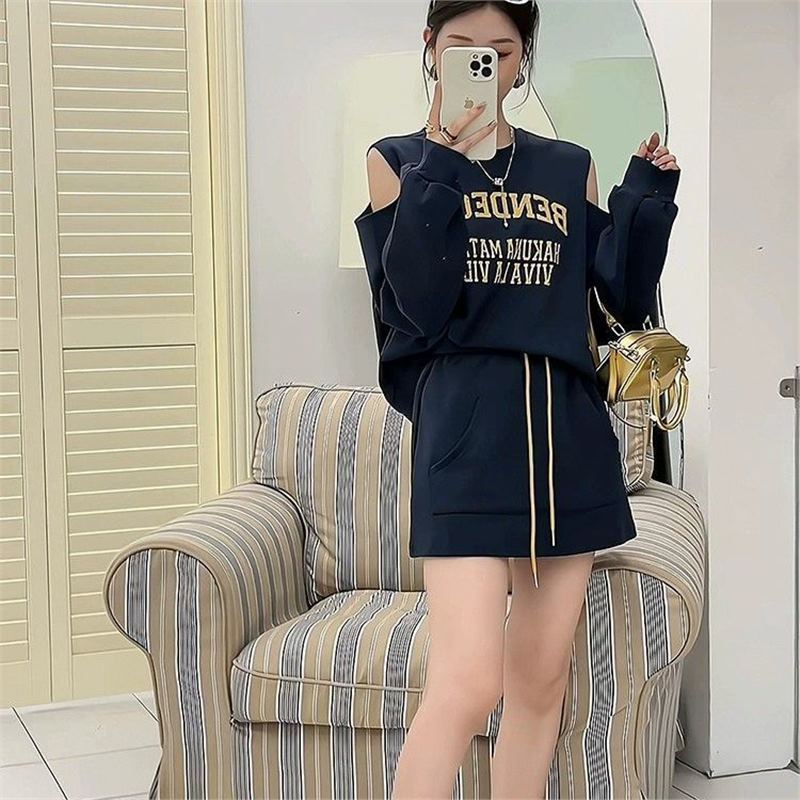 春秋季新款女装小个子露肩卫衣休闲时尚运动印花露肩显高两件套装|undefined