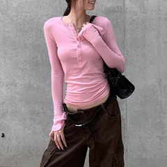 2025 美式修身亨利衫长袖t恤女显瘦辣妹百搭休闲纯色打底衫小上衣