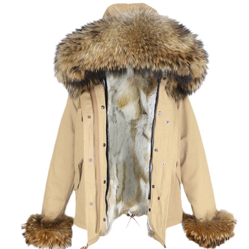 Women's Clothing Removable thickened rabbit fur lining new women's parka oversized raccoon fur collar fur short coat_voghion.com