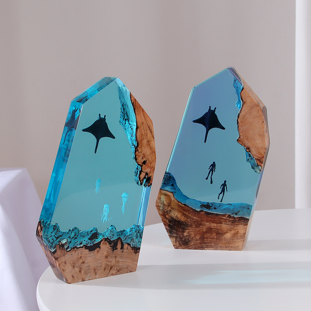 Ocean Cave Jellyfish Diver Dragon Turtle Ornament Lamp Holder Solid Wood Resin Lamp Birthday Gift Decoration Led Lamp