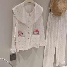 睡衣女秋季冰雪丝可爱卡通小丸子丝绸长袖波点荷叶边圆领家居服套