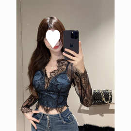 蕾丝衫女法式新款重工钩花v领花边长袖打底衫春秋气质御姐风上衣