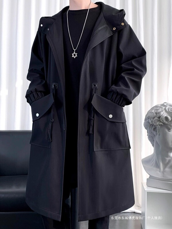 Mid-Length Luxury Trench Coat for Men with Hood, Long Over-The-Knee Coat, Spring and Autumn Parka, Large Size Cape-Style Trendy Jacket
