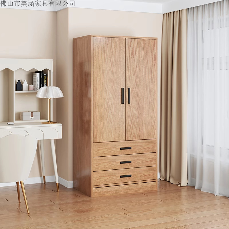Wooden Simple Home Wardrobe with Double Doors and Drawers Solid Wood Bedroom Rental Room Small Apartment Space-Saving Storage Cabinet