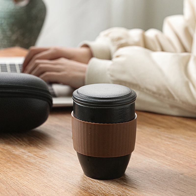 陶瓷办公杯黑陶水杯带盖过滤内胆三件套茶水分离礼品企业定制logo|ms