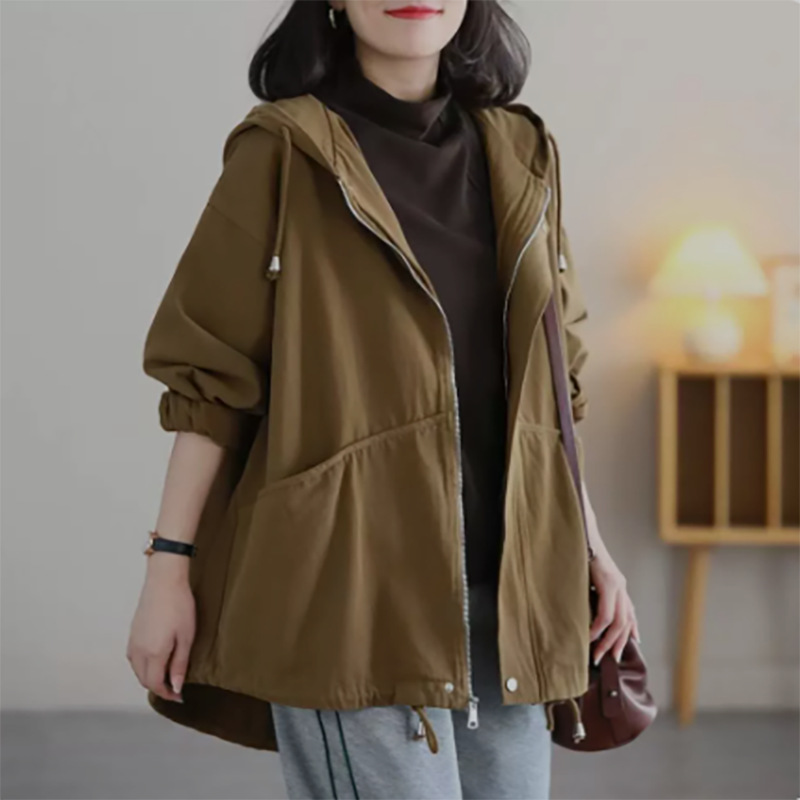Plus Size Women's Loose Windbreaker Jacket Women's Workwear Hooded Jacket Women's Spring and Autumn Women's New Long-Sleeved Tops for Women