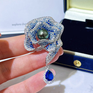 DIY accessories retro light luxury blue rose brooch for women micro-encrusted zircon high-end brooch pearl corsage empty holder