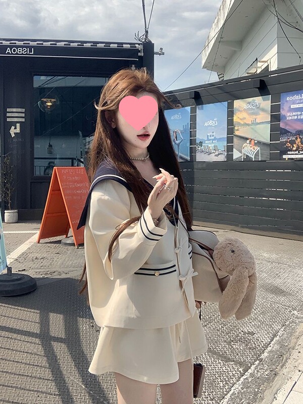 Sea Soul Preppy Big Lapel Bow Jacket + Lace Striped Vest Two-Color Fashionable Chic Suit