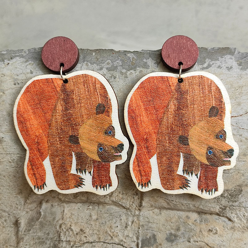 1 Pair Cute Bear Wood Drop Earrings display picture 3