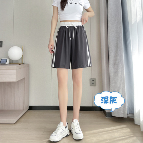 Women's Summer Thin Ice Silk Striped Sweatpants for Sports and Leisure, Loose Fit, Short Sleeve, Running Five-Finger Pants