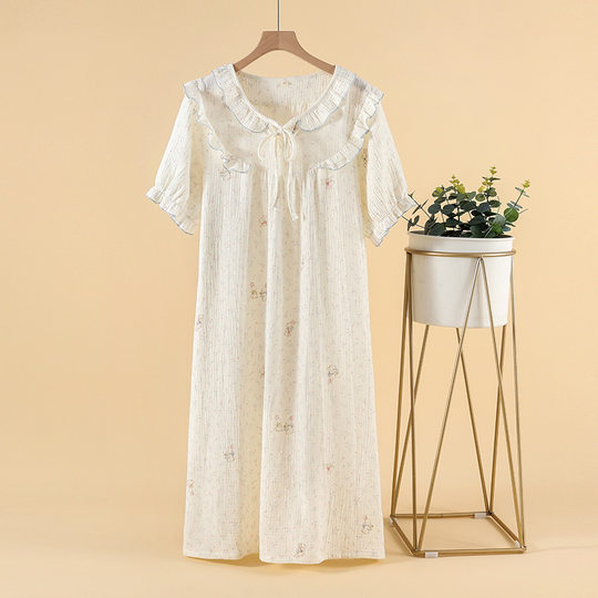Pajamas Women's Summer Pure Cotton Double-Layer Cotton Yarn Cute Round Neck Home Clothes Short Sleeve Shorts Nightgown Loose Home Clothes
