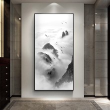 玄关装饰画江南水墨山水画走廊背景墙壁画禅意黑白挂画风新中式