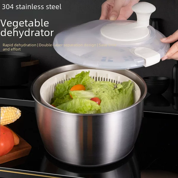 304 Vegetable Salad Dehydrator Kitchen Hand-Cranked Spinner Double-Layer Drain Basket for Washing and Draining Vegetables and Fruits