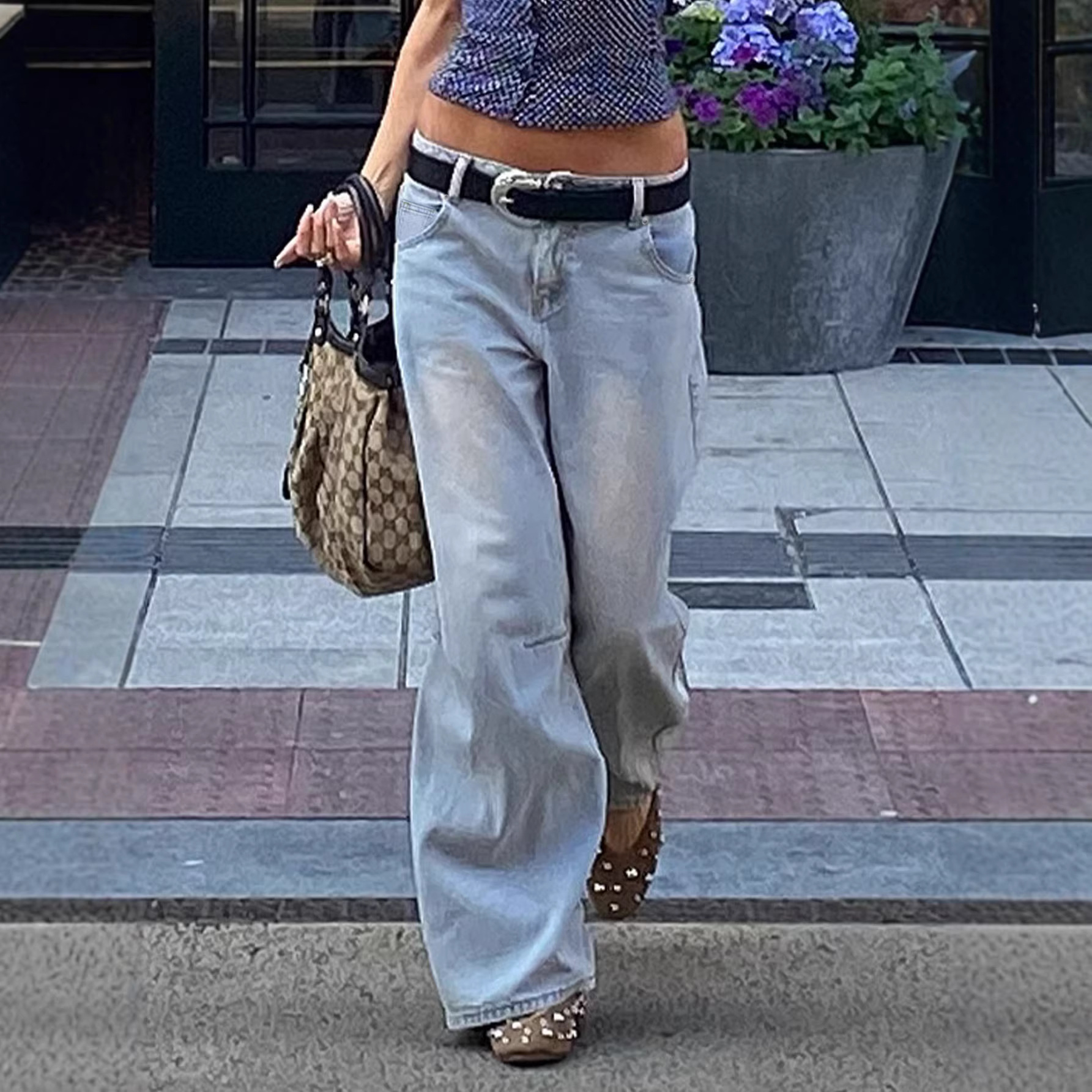 Women's Clothing Wide Leg Light Blue Jeans, High Waisted, Loose Fitting, Retro Style Floor Length Trousers, Wide Leg Washed Denim Jeans, Straight Leg._ecoleips.com