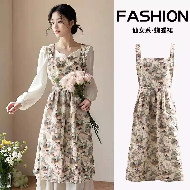 Фартук с цветочным принтом, элегантный, молодежный стиль, грязеотталкивающие подтяжки, цветочный магазин, кафе, кондитерская, рабочая одежда для выпечки.