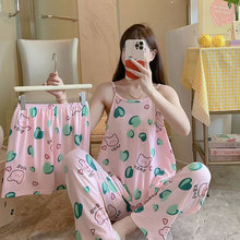 pajams卡通睡衣女夏吊带3件套长裤家居服肥大码外出透气可外穿