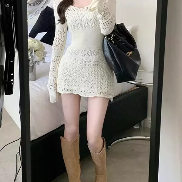 White Crochet Hollow Long-Sleeve Dress for Women, Early Spring 2026 New Style, Sexy Bodycon Dress for Girls White Crochet Hollow Long-Sleeve Dress for Women, Early Spring 2026 New Style, Sexy Bodycon Dress for Girls