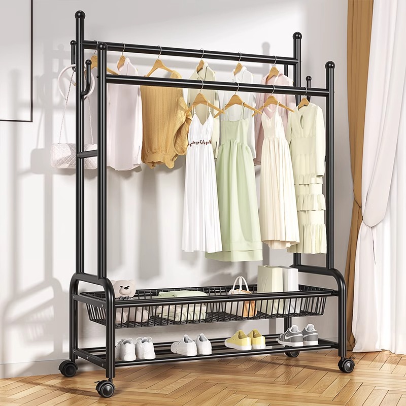High and Low Rod Clothes Rack, Household Simple and Portable Balcony Clothes Rack, Live Stream Show Display Shelf, Large Capacity Hat and Coat Rack