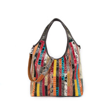 欧美新款复古女包头层牛皮时尚大容量拼接女士手提包单肩挎包749