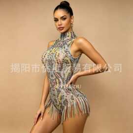 DJ酒会水钻珍珠流苏网纱连体三角裤欧美女歌手夜场派对演出彩虹桥