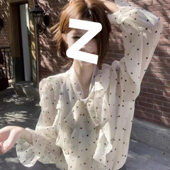 2025新款法式高级感荷叶边波点衬衫女春季设计感绑带宽松别致上衣