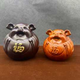 黑檀木雕刻圆猪摆件 实木质生肖猪手把件批发家居客厅生日送礼品