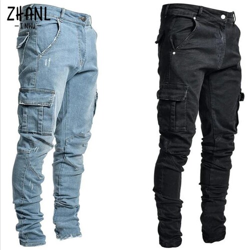 2025 European and American Men's Jeans with Multiple Pockets, Work Style, Tailored, Elastic, Side Pockets, Small Footprint