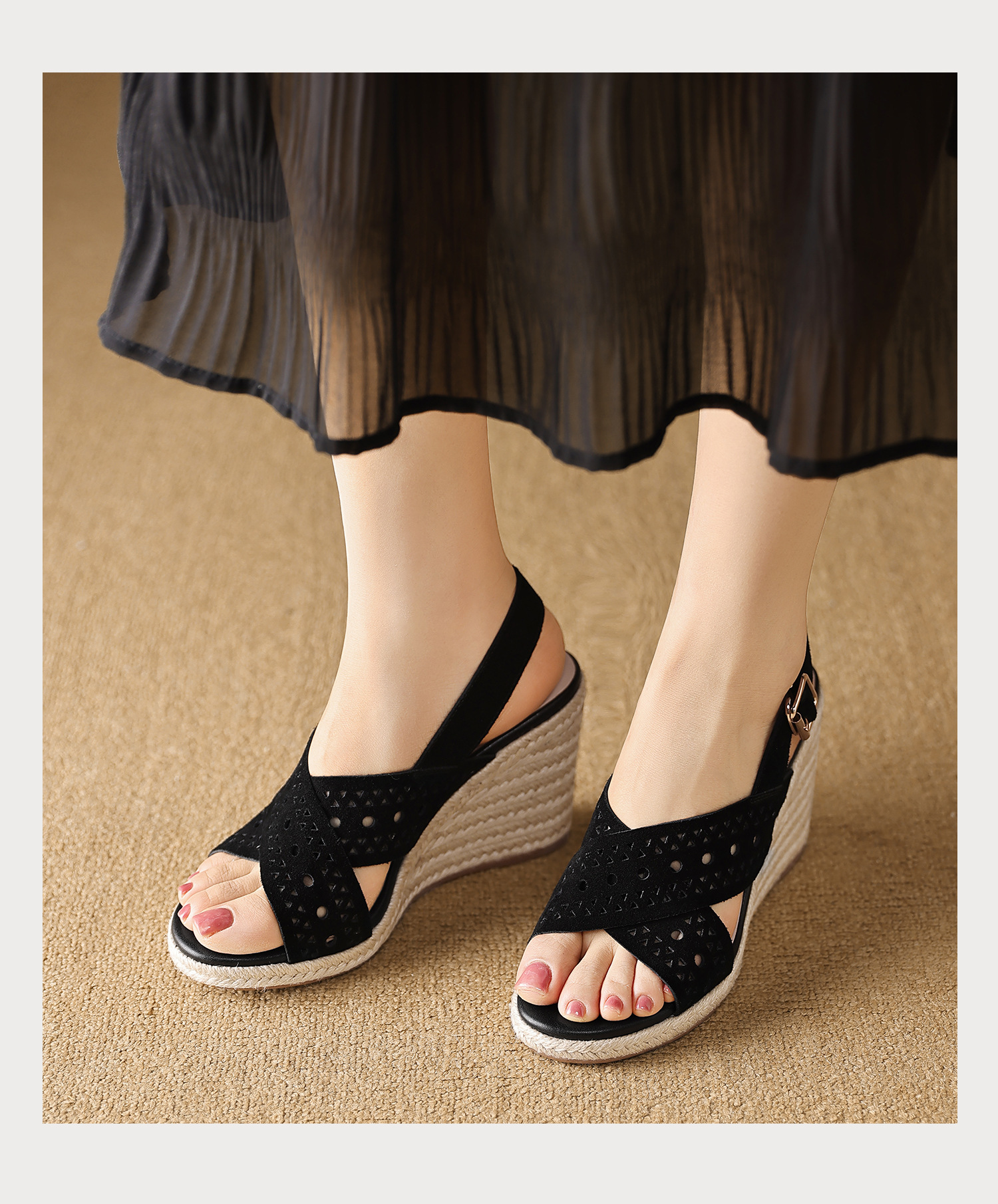 Sandal cao gót nữ quai chéo hở mũi đế xuồng bện rơm gót 8 cm — màu nâu, màu đen chi tiết 14