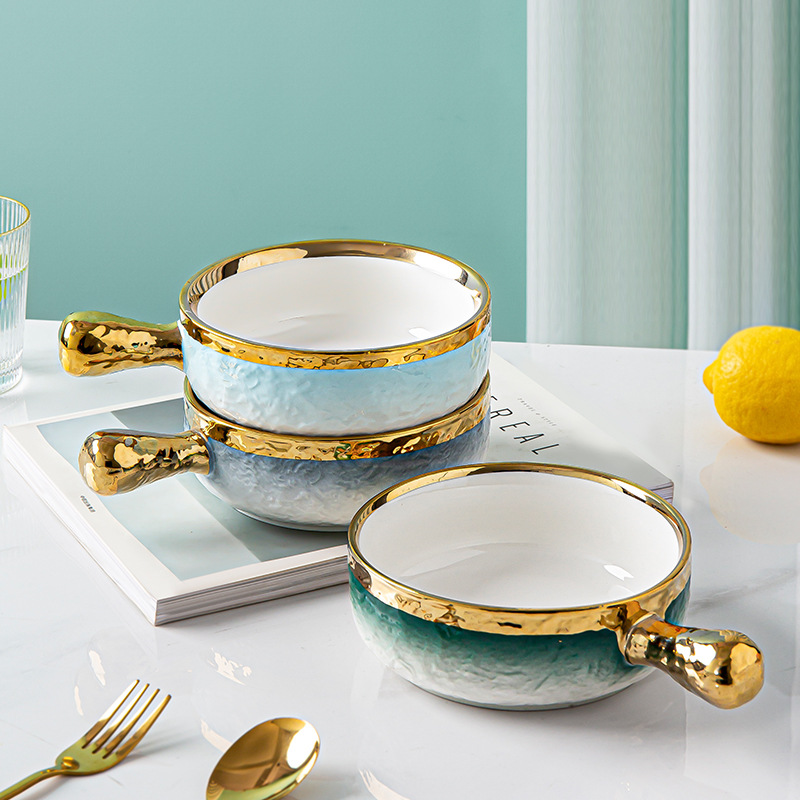 Nordic horno de arroz al horno tazón de cerámica tazón de ensalada de frutas tazón de desayuno hogar hornear sola manija placa de hornear Placa de raqueta de oscilación