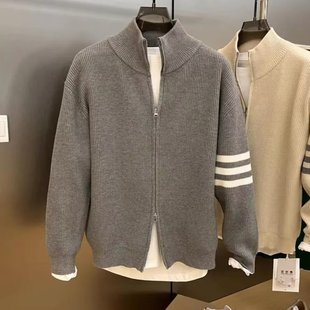 Internet Celebrity Trendy Brand Simple Three Bar Knitwear Men's Autumn and Winter High-end Zipper Cardigan Sweater Loose Collar Jacket