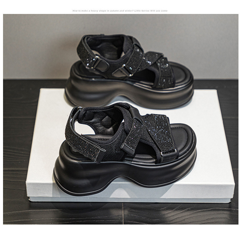 Dép sandal đế xuồng tăng chiều cao lưới thoáng khí đính đá phong cách casual nữ — M2597 màu đen, M2597 màu be chi tiết 18