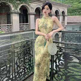 气质优雅镂空露肩露背碎花改良旗袍连衣裙中国风开叉收腰包臀长裙