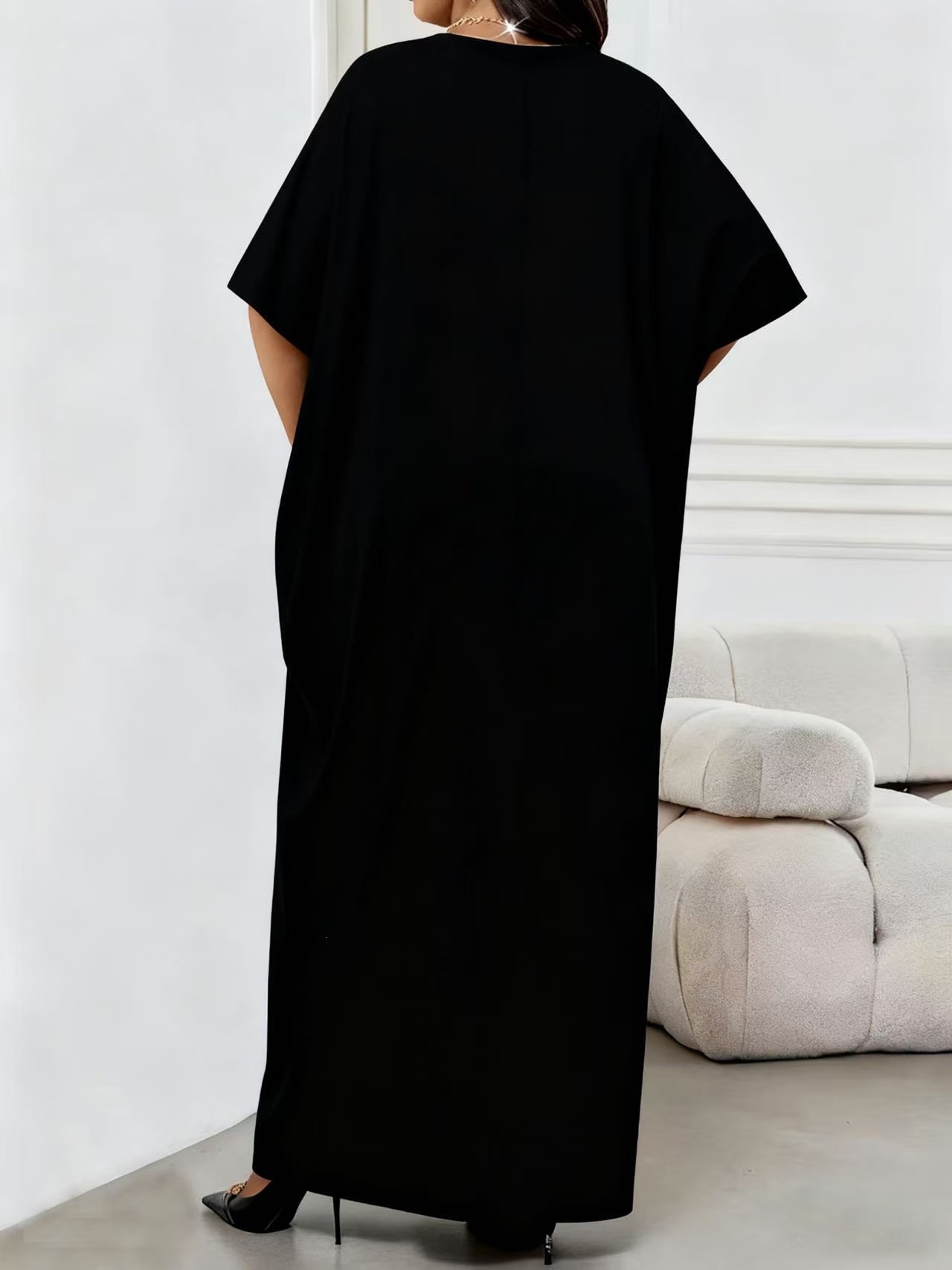 Women's Clothing Elegant V-Neck Long Dress Solid Color Plus Size Loose Fit Robe Fashionable_ecoleips.com