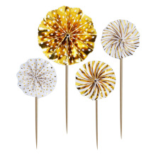 生日蛋糕甜品台装饰折扇纸扇花折纸花金色银色太阳花插牌插件插旗