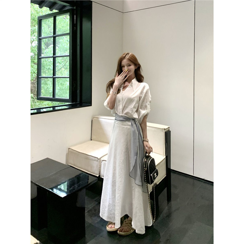 気質白ポロカラー半袖シャツトップ女性の夏のファッションスーツハイウエストスカートロングスカート 2 点セット|undefined