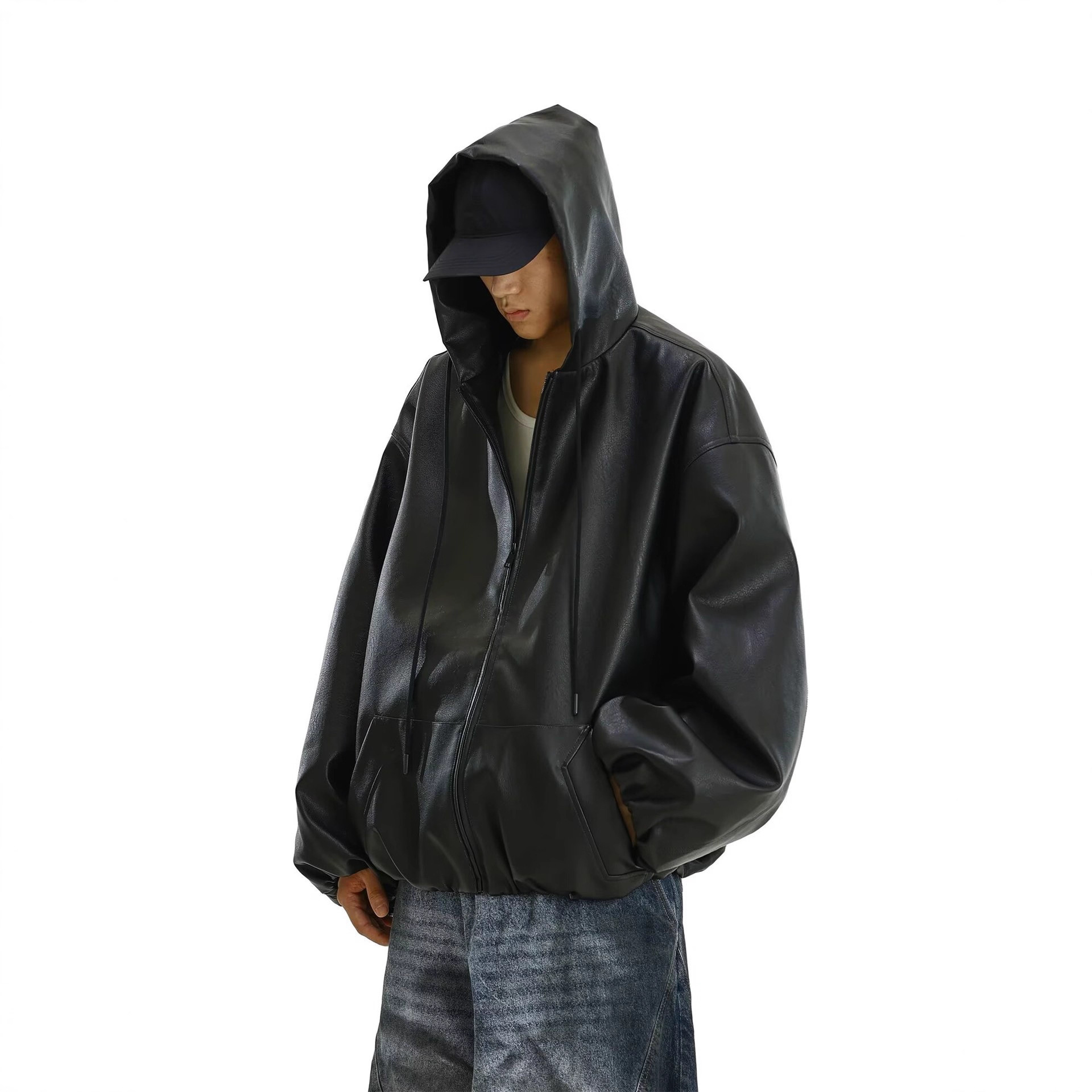 Black oversized short hooded leather jacket for men, exuding a cool and sophisticated biker style, windproof leather jacket.