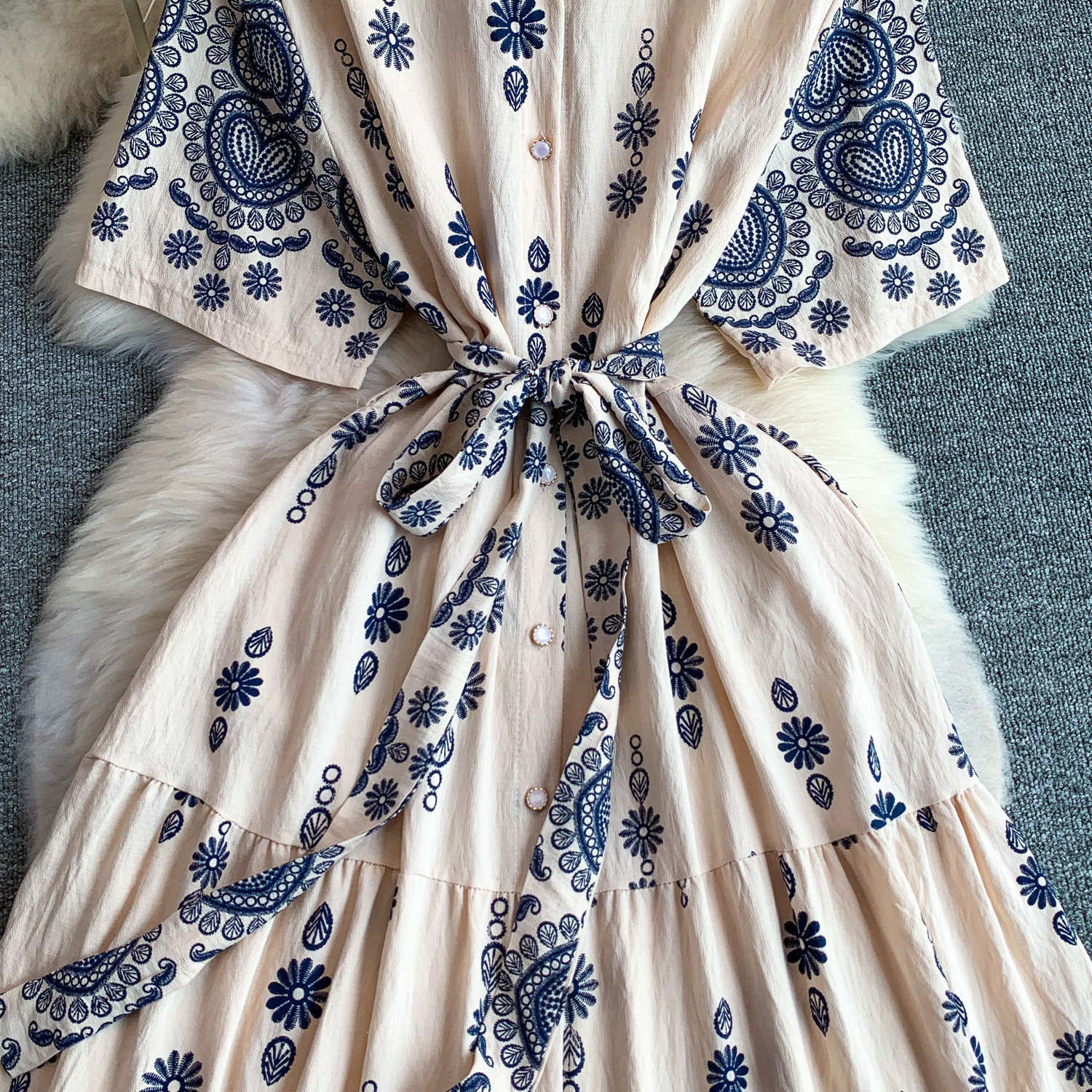 Women's French Retro Heavy Embroidery Lapel Dress Korean Style Single-Breasted Slimming Ruffled Long Skirt Summer Dress_ecoleips.com