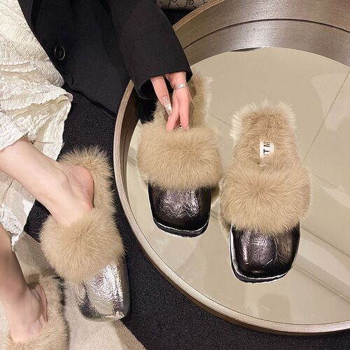 Foreign style, fluffy slippers, women's autumn and winter, new style, flat, lazy Muller, fluffy, baotou half slippers