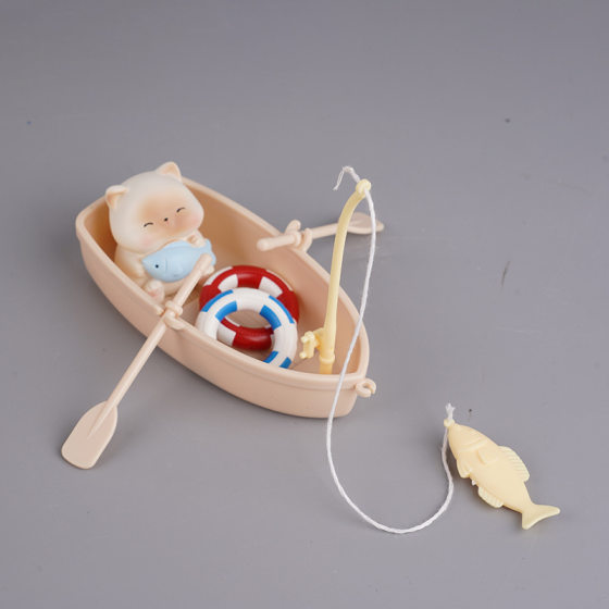 Cute creative kitten fishing ornaments fishing boat swimming ring mini doll house children play house toys