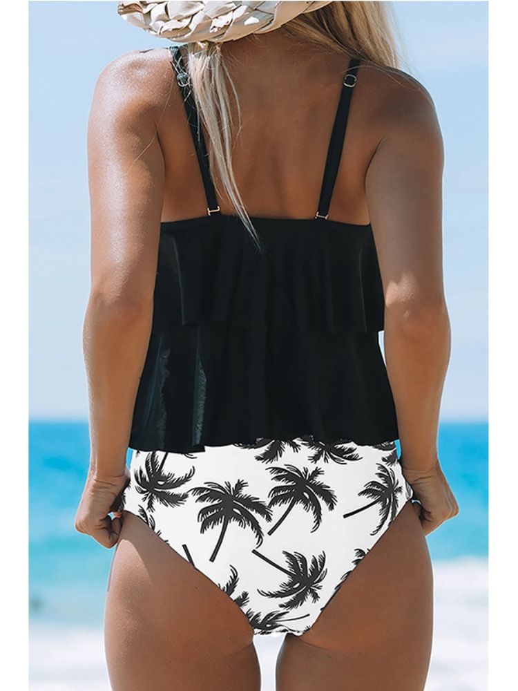 WOLFF black tankini with coconut palm print