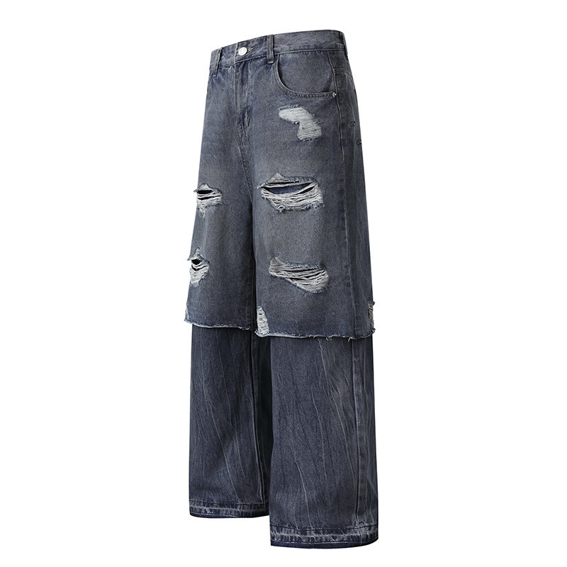 Nanxia Disguise 2025 Autumn New Retro High Street Ripped Fake Two-Piece Straight-Leg Jeans Washed Casual Pants Nanxia Disguise 2025 Autumn New Retro High Street Ripped Fake Two-Piece Straight-Leg Jeans Washed Casual Pants