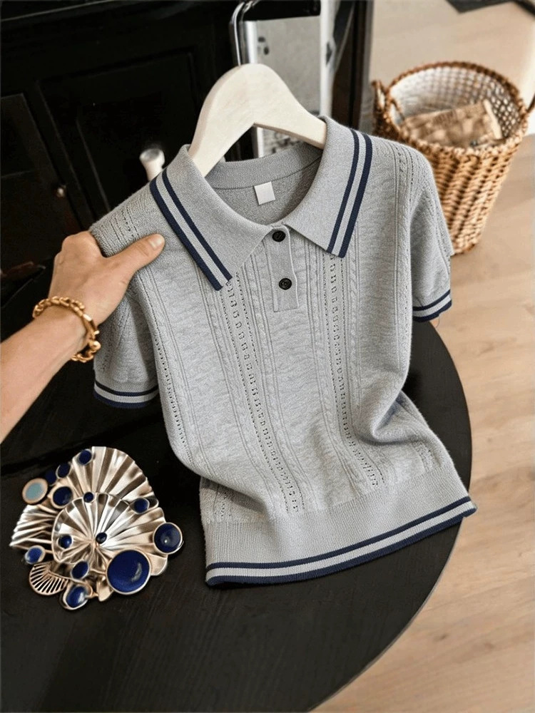Áo thun nữ cổ polo phối màu tay ngắn phong cách Hàn Quốc — trắng