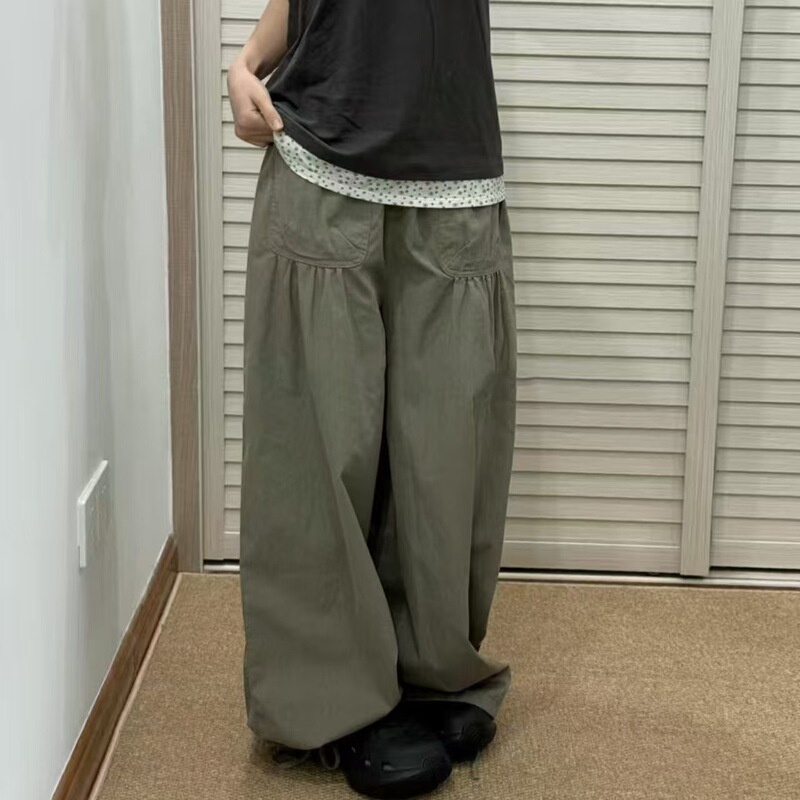 Korean Coy* Japanese-Style Floral Trim Elastic Waist Cargo Pants for Women, Spring and Summer, Pleated Loose Fit, Slimming Drawstring Pants