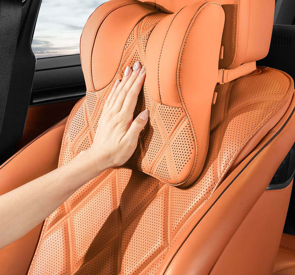Cross-border best-selling, high-end Nappa leather headrest, neck pillow, and lumbar support set, featuring breathable perforated design for car use