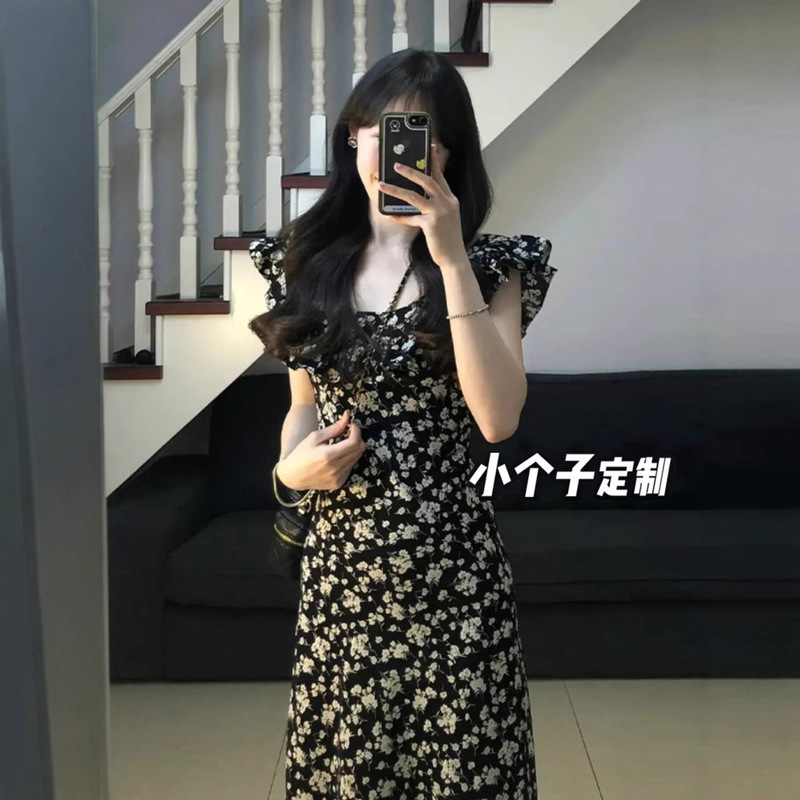 Summer Short High-end Floral dress Women's Tight Waist French Flying Sleeve A- line Midi Dress XS High