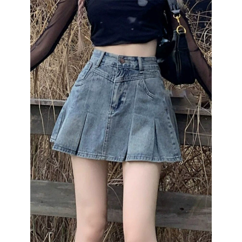 Американская ретро-летняя джинсовая юбка-миди с высокой талией, плиссированная, облегающая, короткая, сексуальная версия 2025 года